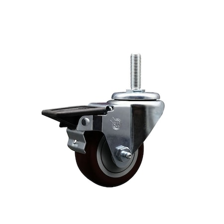 Service Caster 3 Inch Maroon Polyurethane Wheel Swivel 58 Inch Threaded Stem Caster with Brake SCC SCC-TS20S314-PPUB-MRN-PLB-58212